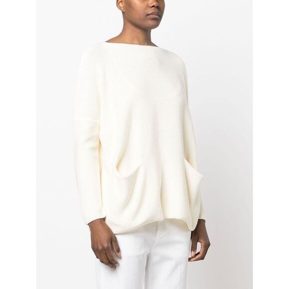 Ivory White Cotton Open Pocket Boat Neck Jumper for Women SS24